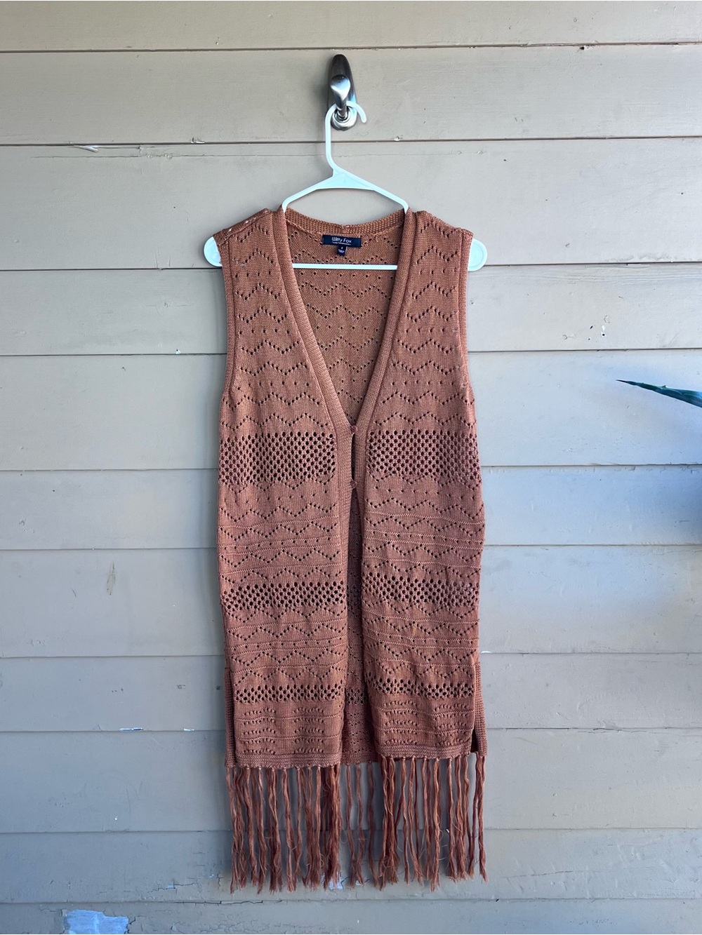 Witty Fox Brown Crochet Long Fringe Duster Cardigan Vest Boho Hippie Women Small